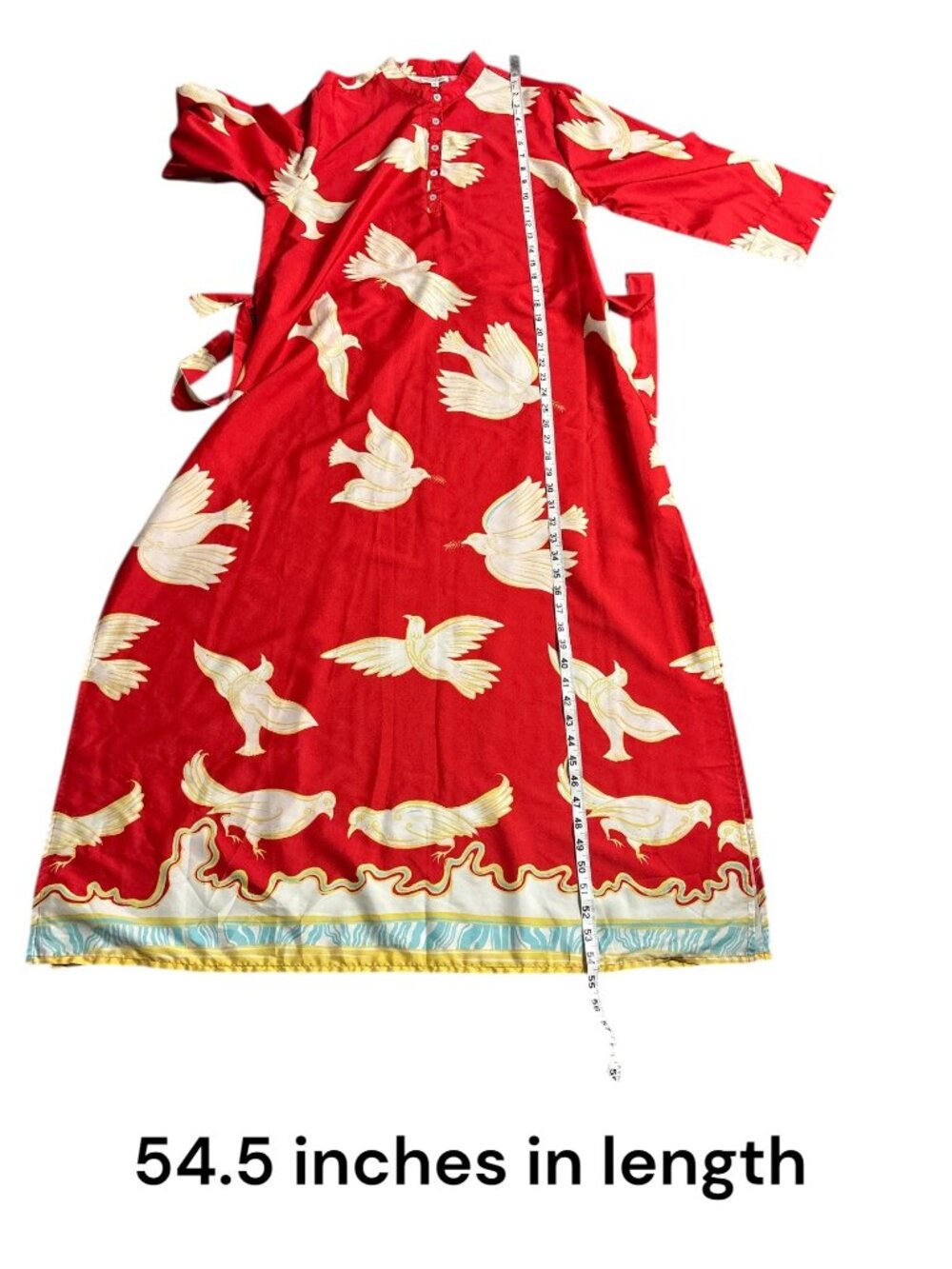 Moda Posa XL Red Bird Orint Maxi Dress Tue waist Mandarin Collar Boho Resort - Picture 11 of 11